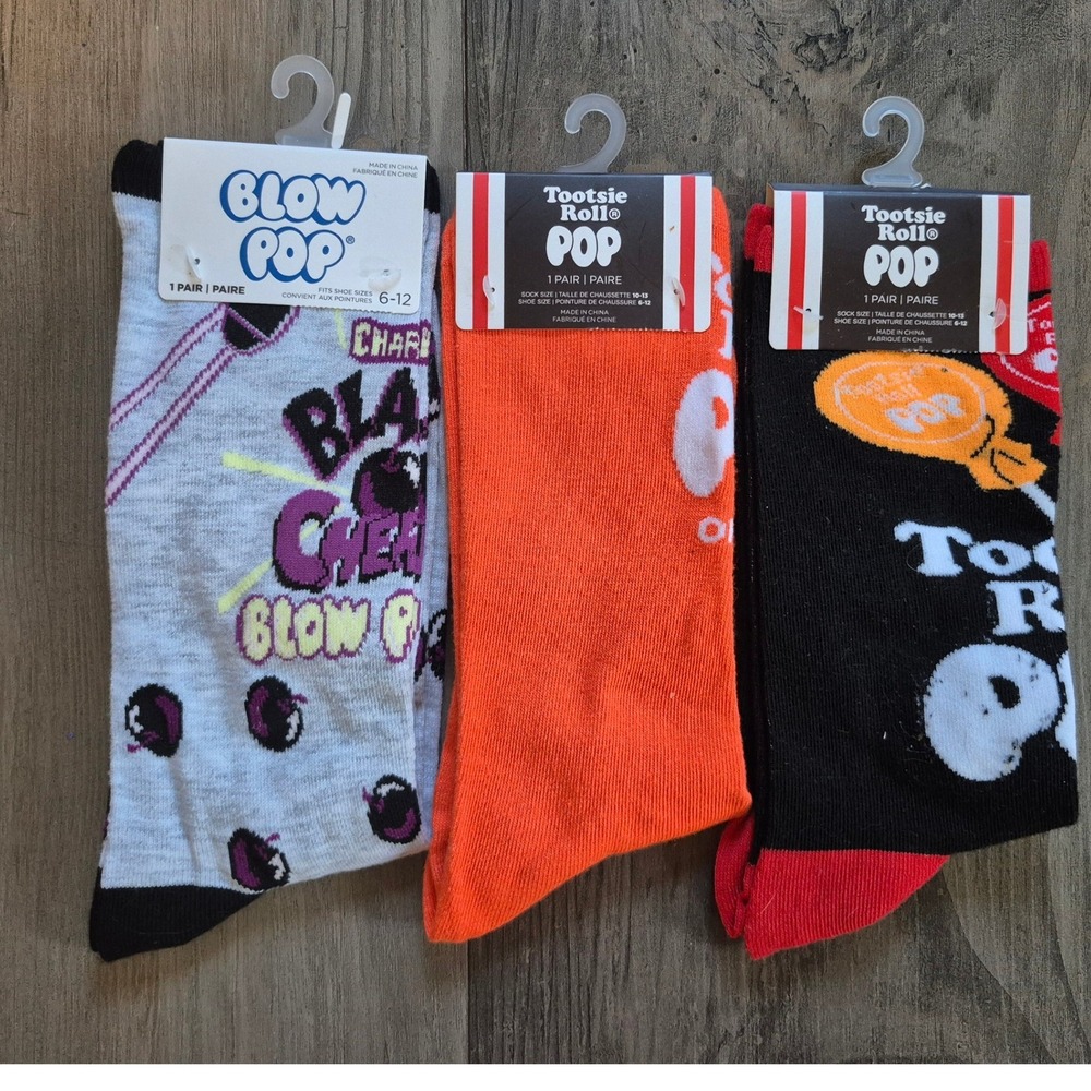 Tootsie Pop Crew Socks 3 Pair Bundle Grape Orange Black Novelty Candy Adult
